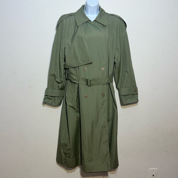 London Fog Avacado Green Trench Coat Double Breasted Belt Size 14 Regular - Picture 1 of 15